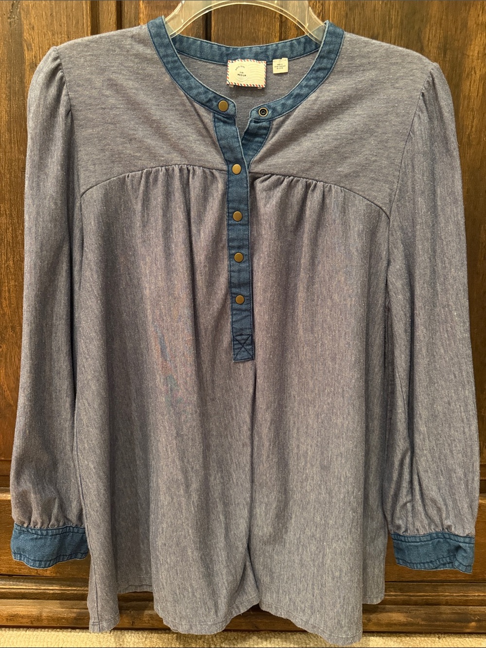 Anthropologie Women's Blue Henley Pullover Top - Classic Denim Trim